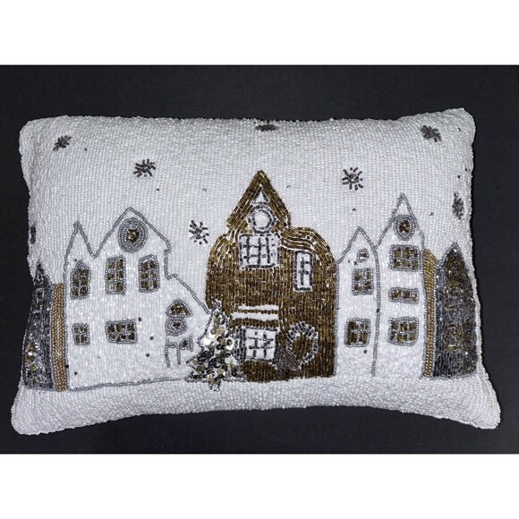 Unbranded Other - Beaded Holiday Pillow White And Brown 12x18